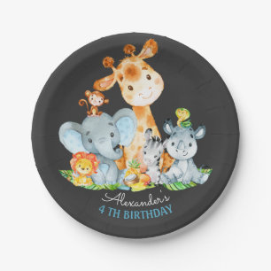 Chalkboard Watercolor Cute Safari Animals Birthday Paper Plate