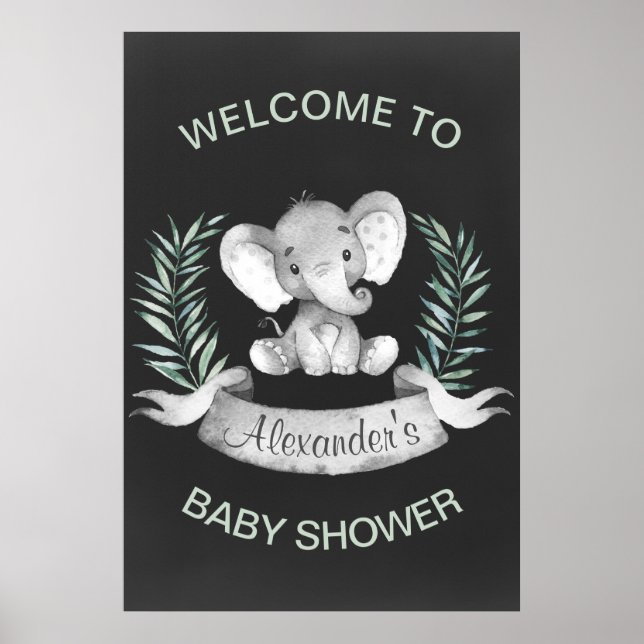 Chalkboard Watercolor Elephant Baby Shower Poster (Front)