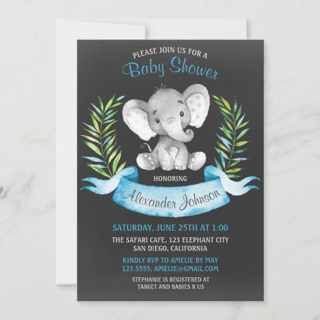 Chalkboard Watercolor Elephant Boy Baby Shower Invitation (Front)