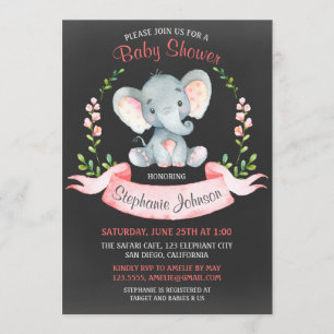 Chalkboard Watercolor Elephant Girl Baby Shower Invitation