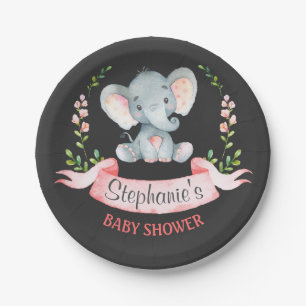 Chalkboard Watercolor Elephant Girl Baby Shower Paper Plate