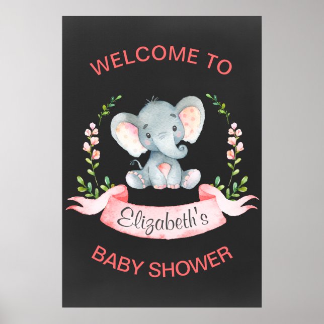 Chalkboard Watercolor Elephant Girl Baby Shower Poster (Front)