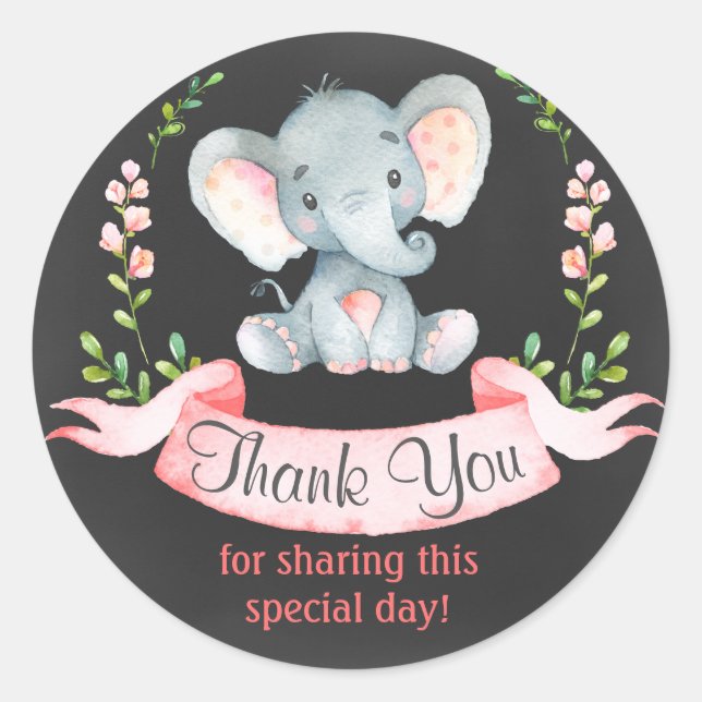 Chalkboard Watercolor Elephant Girl Thank You Classic Round Sticker (Front)