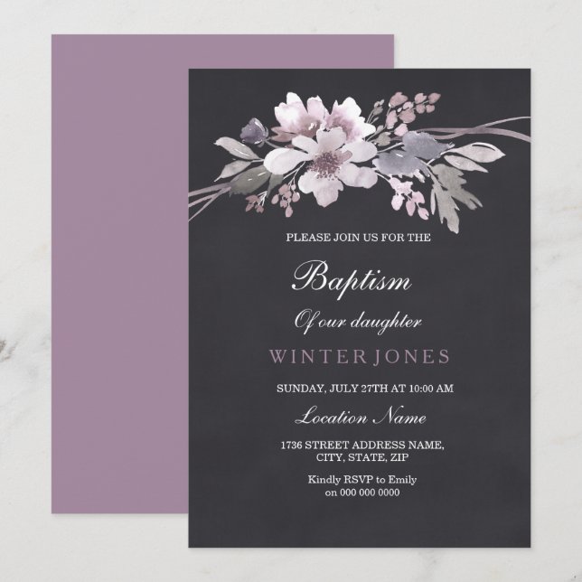 Chalkboard Watercolor Floral Baptism Invitation (Front/Back)