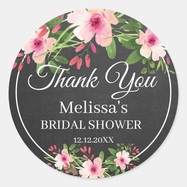 Chalkboard Watercolor Floral Bridal Shower Classic Round Sticker (Front)