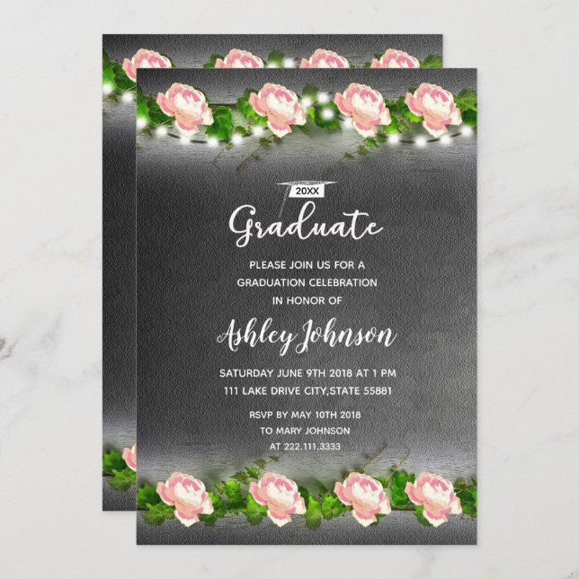 Chalkboard Watercolor Floral Graduation Invitation (Front/Back)