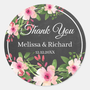 Chalkboard Watercolor Floral Wedding  Thank You Classic Round Sticker