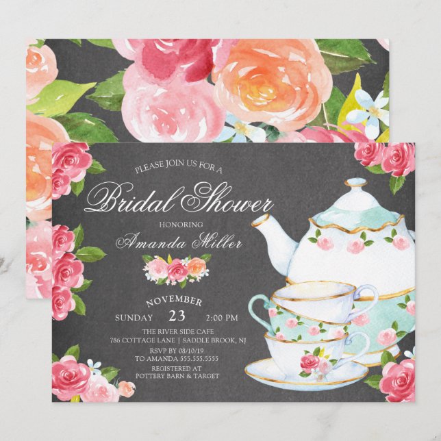 Chalkboard Watercolor Foral Tea Bridal Shower Invitation (Front/Back)