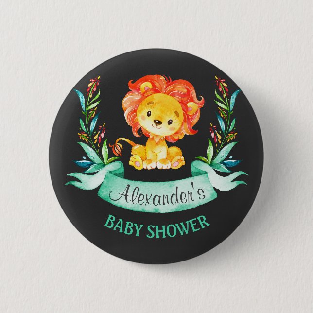Chalkboard Watercolor Lion Baby Shower 6 Cm Round Badge (Front)