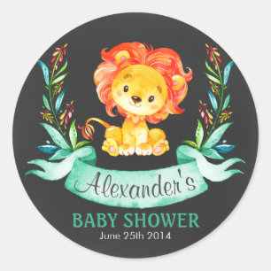 Chalkboard Watercolor Lion Baby Shower Classic Round Sticker