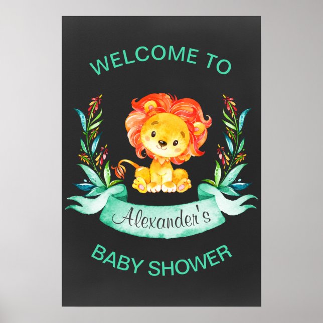 Chalkboard Watercolor Lion Baby Shower Poster (Front)