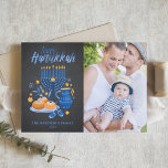 Chalkboard Watercolor Menorah Happy Hanukkah Photo Holiday Card<br><div class="desc">Happy Hanukkah! Send Hanukkah wishes to family and friends with this customisable photo flat card. It features watercolor illustrations of Hanukkah symbols such as Hanukkiah or menorah,  sufganiyot,  olives and dreidel on a faux chalkboard background. Personalise by adding names and a photo.</div>