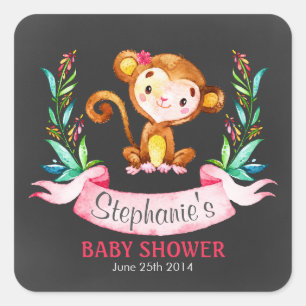 Chalkboard Watercolor Monkey Girl Baby Shower Square Sticker