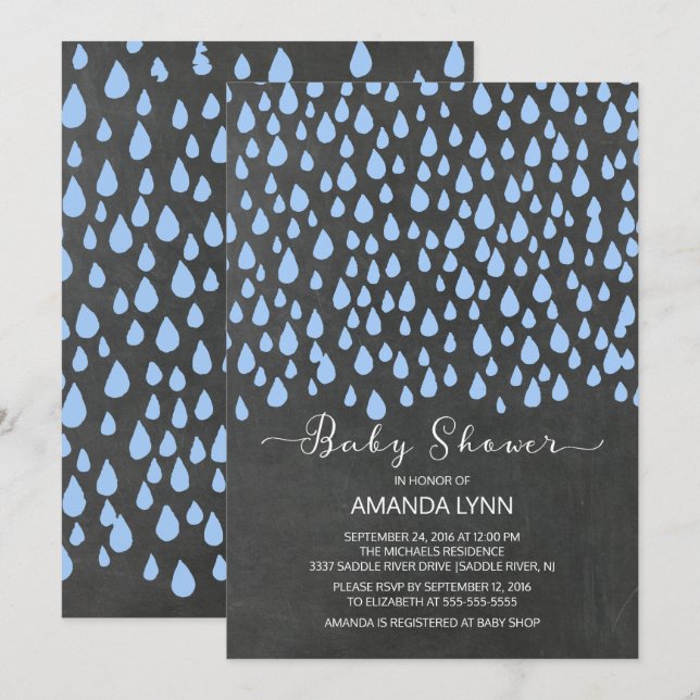 Chalkboard Watercolor Raindrops Boys Baby Shower Invitation (Front/Back)