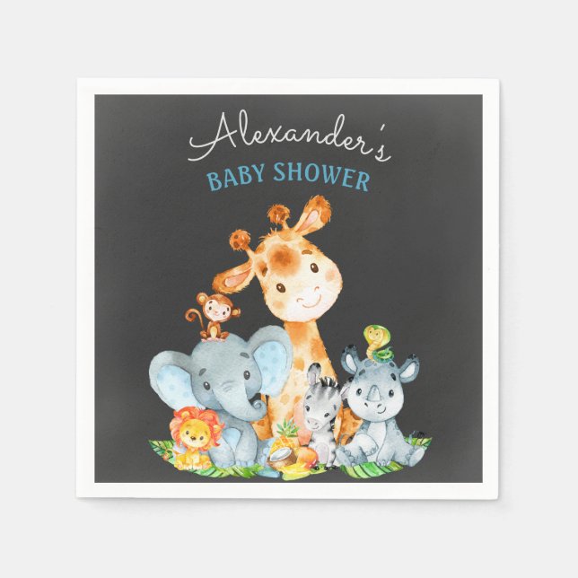 Chalkboard Watercolor Safari Animals Baby Shower Napkin (Front)