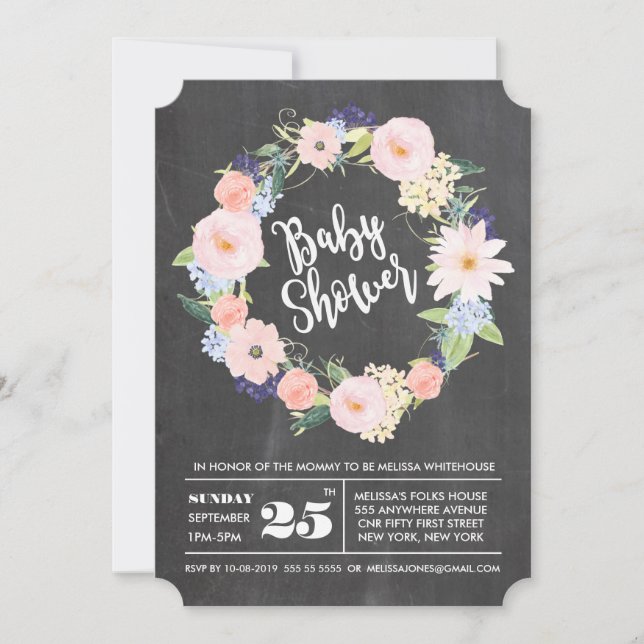 Chalkboard Watercolor Wreath BABY Shower Invite (Front)