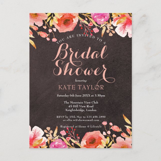 Chalkboard Watercolour Floral Bridal Shower Announcement Postcard (Front)
