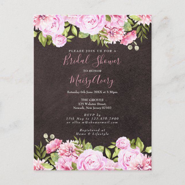 Chalkboard Watercolour Floral Bridal Shower Announcement Postcard (Front)