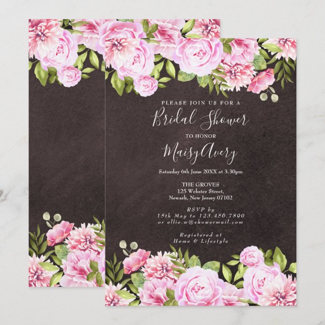 Chalkboard Watercolour Floral Bridal Shower Invitation (Front/Back)