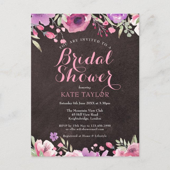 Chalkboard Watercolour Floral Bridal Shower Invite (Front)