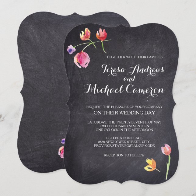 Chalkboard Watercolour Flower Wedding Invitations (Front/Back)