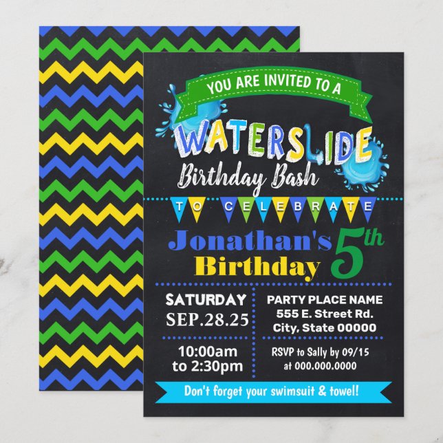 Chalkboard Waterslide birthday summer party blue Invitation (Front/Back)