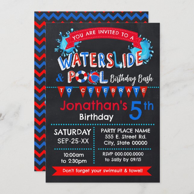Chalkboard Waterslide Pool Birthday Party Bash Invitation (Front/Back)