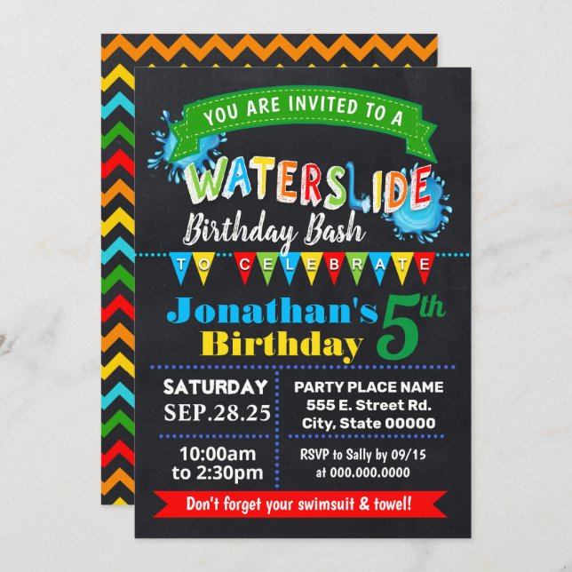 Chalkboard Waterslide summer birthday bash Invitation (Front/Back)