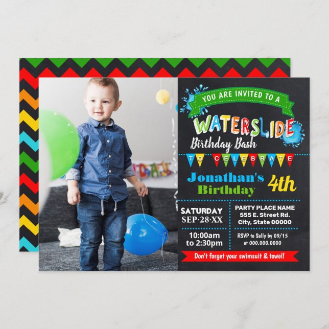 Chalkboard Waterslide summer birthday bash photo Invitation (Front/Back)