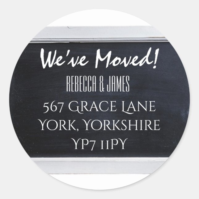 Chalkboard We Have Moved Address Announcement Classic Round Sticker (Front)