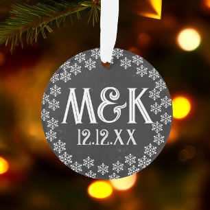 Chalkboard Wedding Anniversary Monogram Snowflakes Ornament