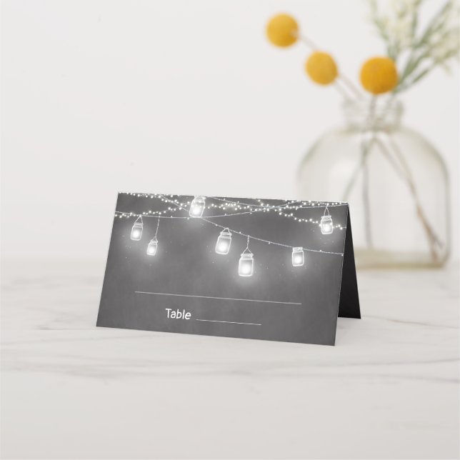 Chalkboard Wedding Black White String Lights Place Card (Front)