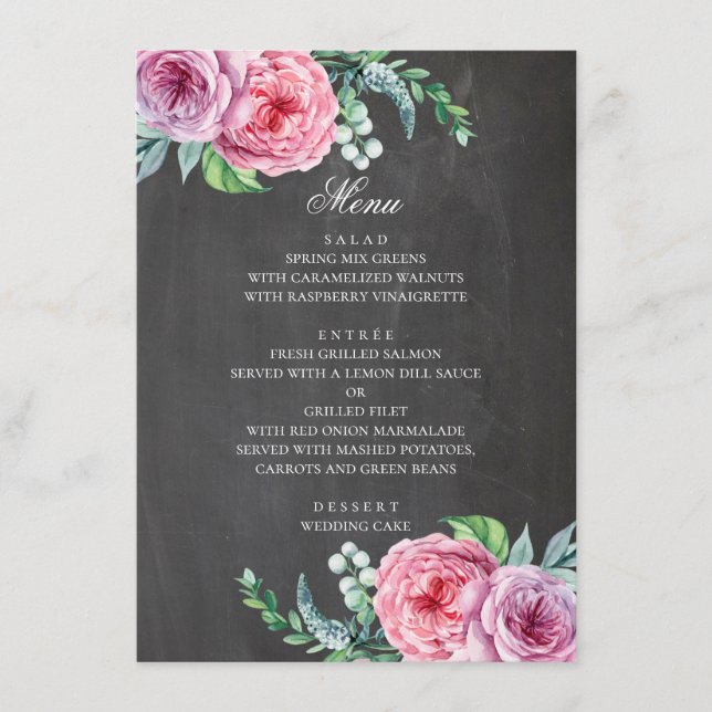 Chalkboard wedding. Boho garden pink flowers Menu (Front)
