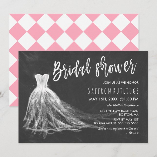 Chalkboard Wedding Dress Bridal Shower Invitation (Front/Back)