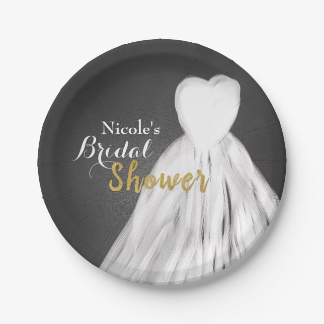 Chalkboard Wedding Dress Bridal Shower Paper Plate (Front)
