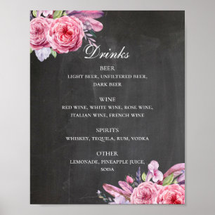 Chalkboard wedding drinks bar. Flowers & feathers Poster