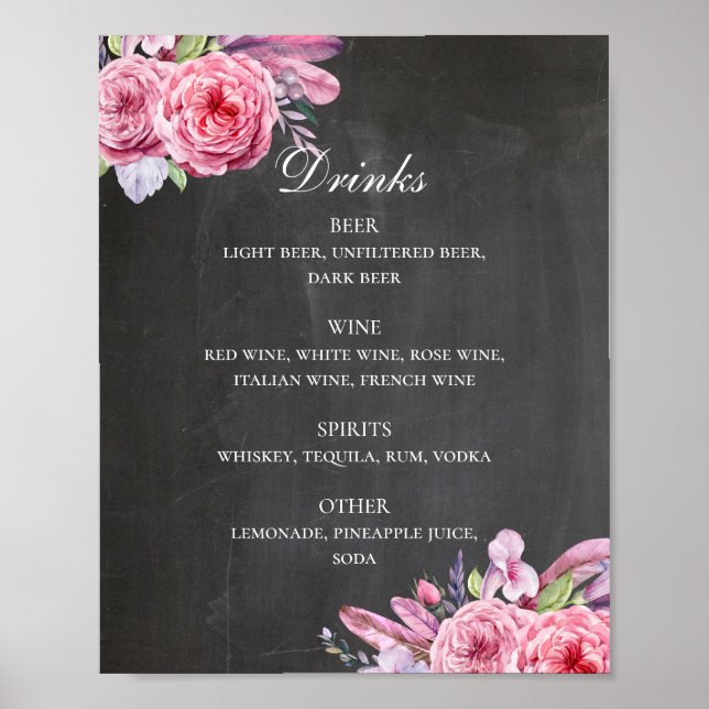 Chalkboard wedding drinks bar. Flowers & feathers Poster (Front)