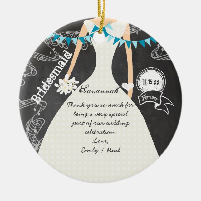 Chalkboard Wedding Gown Bridesmaid Gifts Ceramic Tree Decoration (Front)