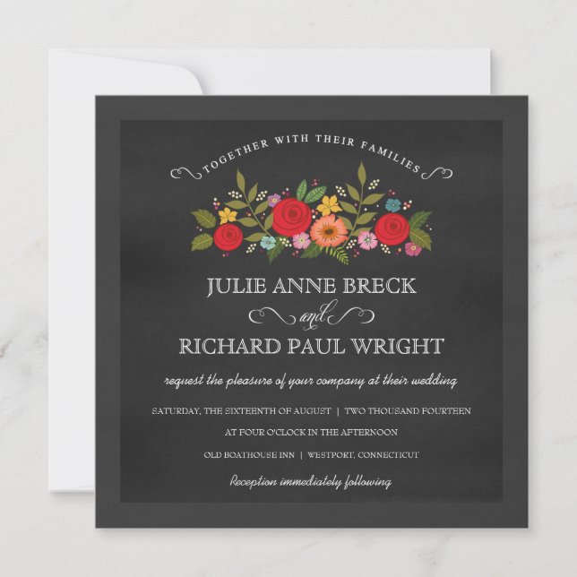 Chalkboard Wedding Invitations - Red Roses (Front)