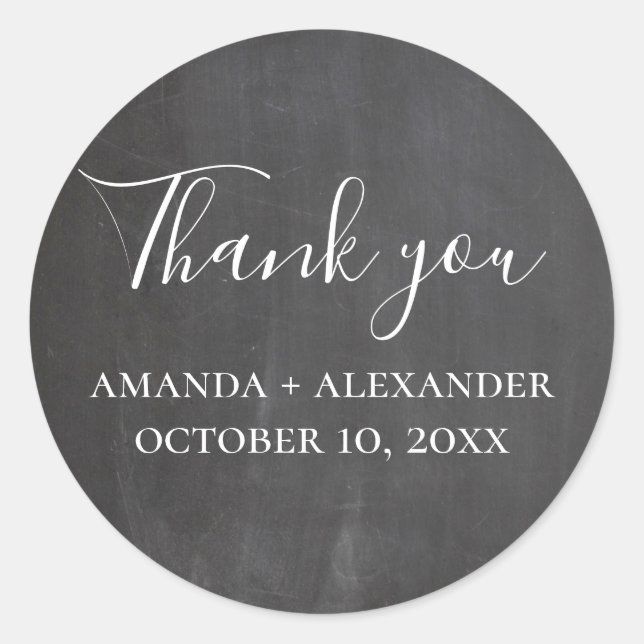 Chalkboard wedding. Modern grey script thank you Classic Round Sticker (Front)