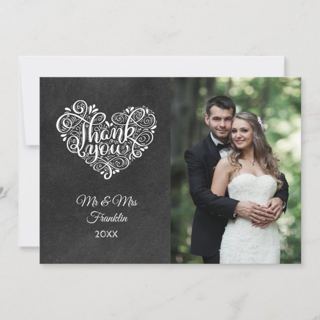 Chalkboard Wedding Photo Elegant Script Thank You Card (Front)