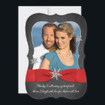 Chalkboard Wedding | Red, Silver Snowflakes Invitation<br><div class="desc">This modern and trendy bracket shaped black and white chalkboard look winter wedding invitation with photo, has a rich red PRINTED ribbon with a bow and glittery silver snowflakes on it. There is also the romantic "This day I will marry my best friend, the one I laugh with, live for,...</div>