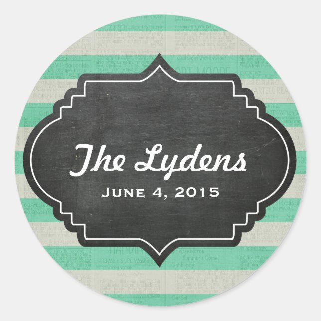 Chalkboard wedding shower mint stripe - bridal classic round sticker (Front)