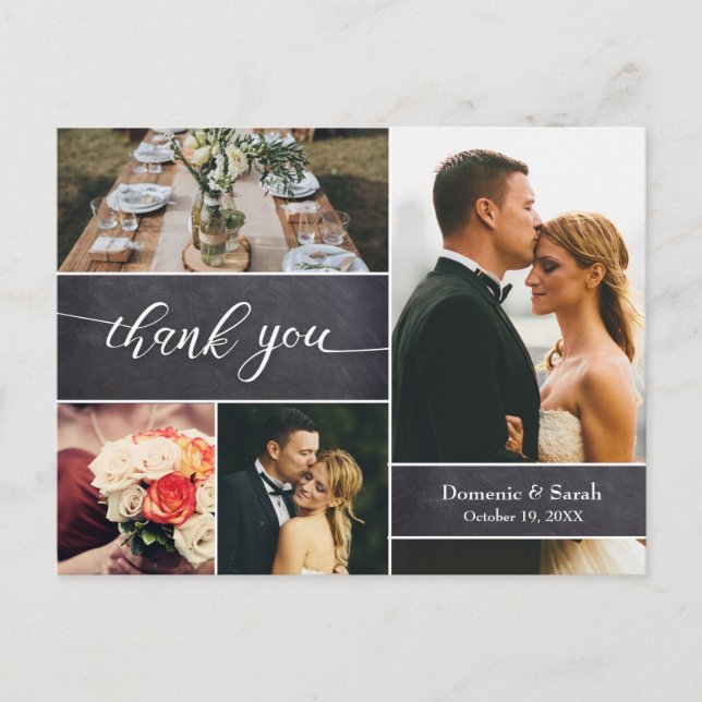 Chalkboard Wedding Thank You photo collage rustic Postcard (Front)