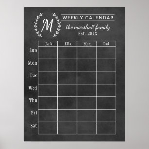 Chalkboard Weekly Family Monogram Calendar Poster