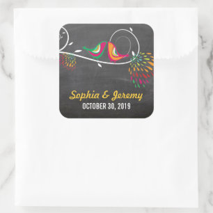 Chalkboard Whimsical Kissing Summer Birds Wedding Square Sticker