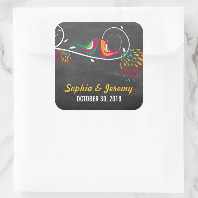 Chalkboard Whimsical Kissing Summer Birds Wedding Square Sticker (Bag)