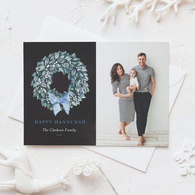 Chalkboard White Berry Wreath Happy Hanukkah Photo Holiday Card (Creator Uploaded)