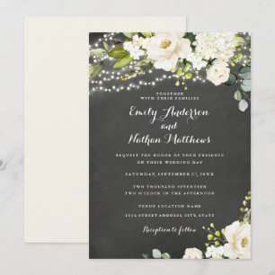 Chalkboard White Champagne Floral Lights Wedding Invitation