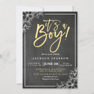 Chalkboard White Floral Gold Script Baby Shower Invitation